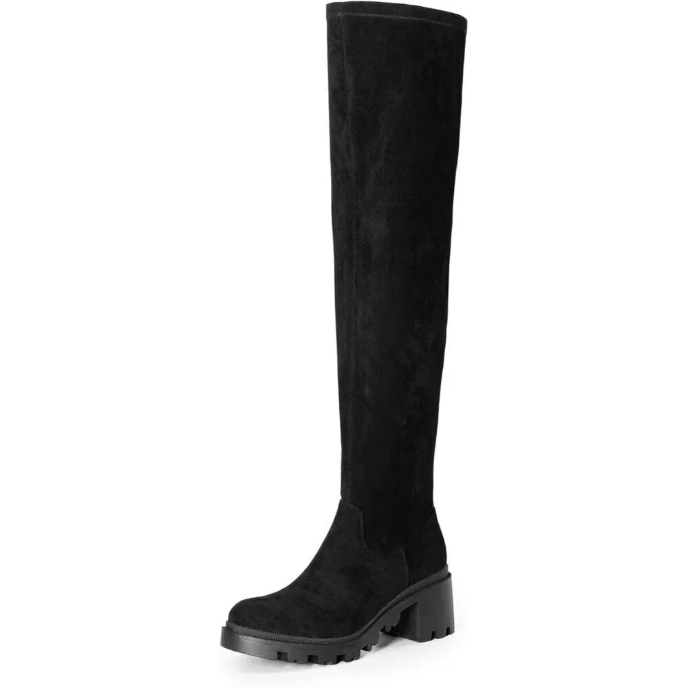 Women's Black-suede Faux Leather Knee High Over The Knee High Chunky Heel Boots